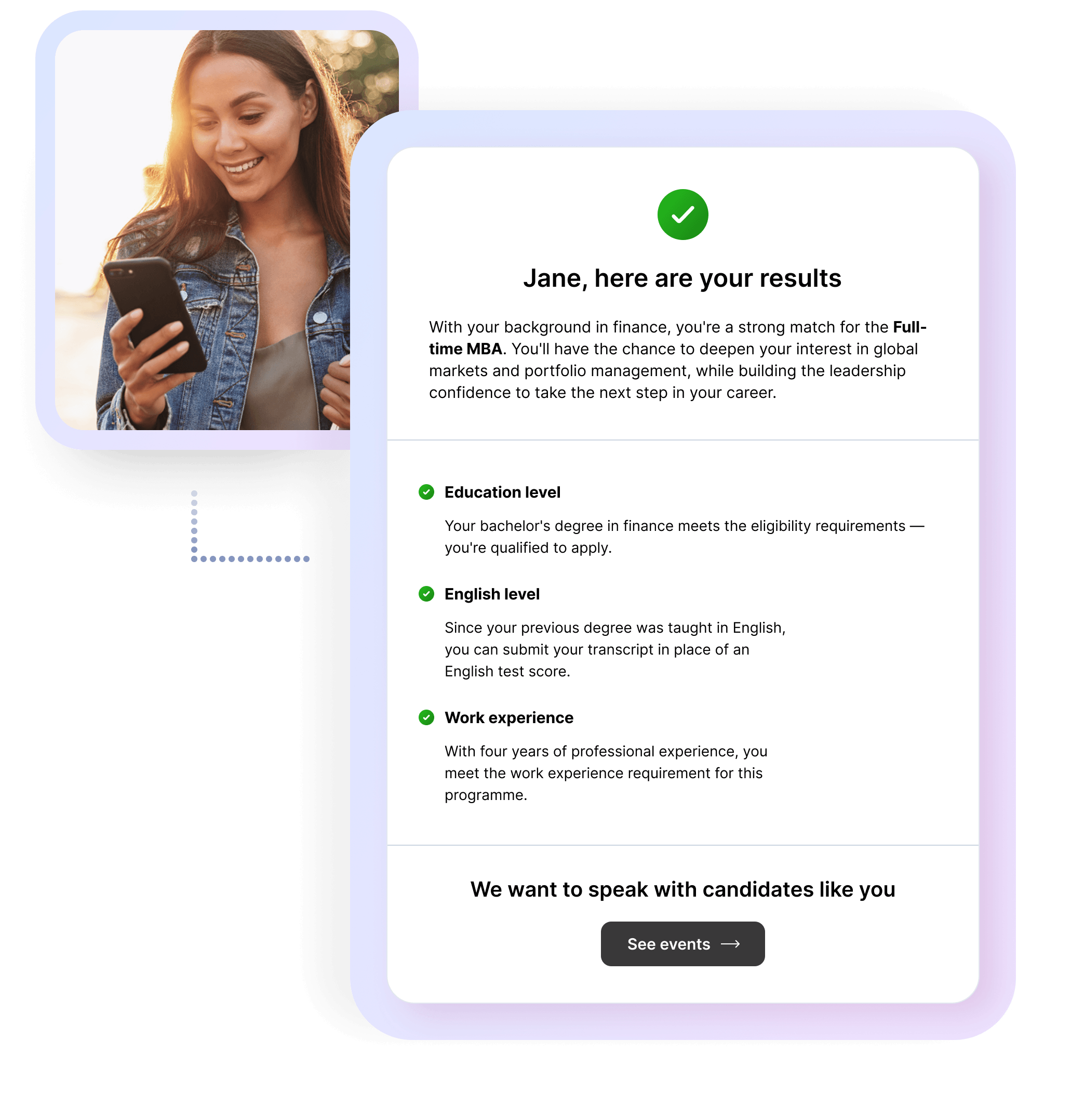 A visualisation of a result page with a personalised message.